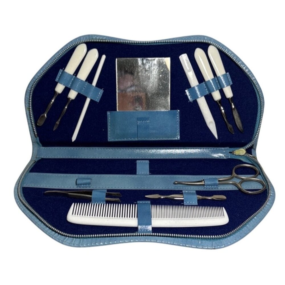 Blue Leatherette Manicure & Grooming Kit With Tools Mirror & Comb In Zippered Ca